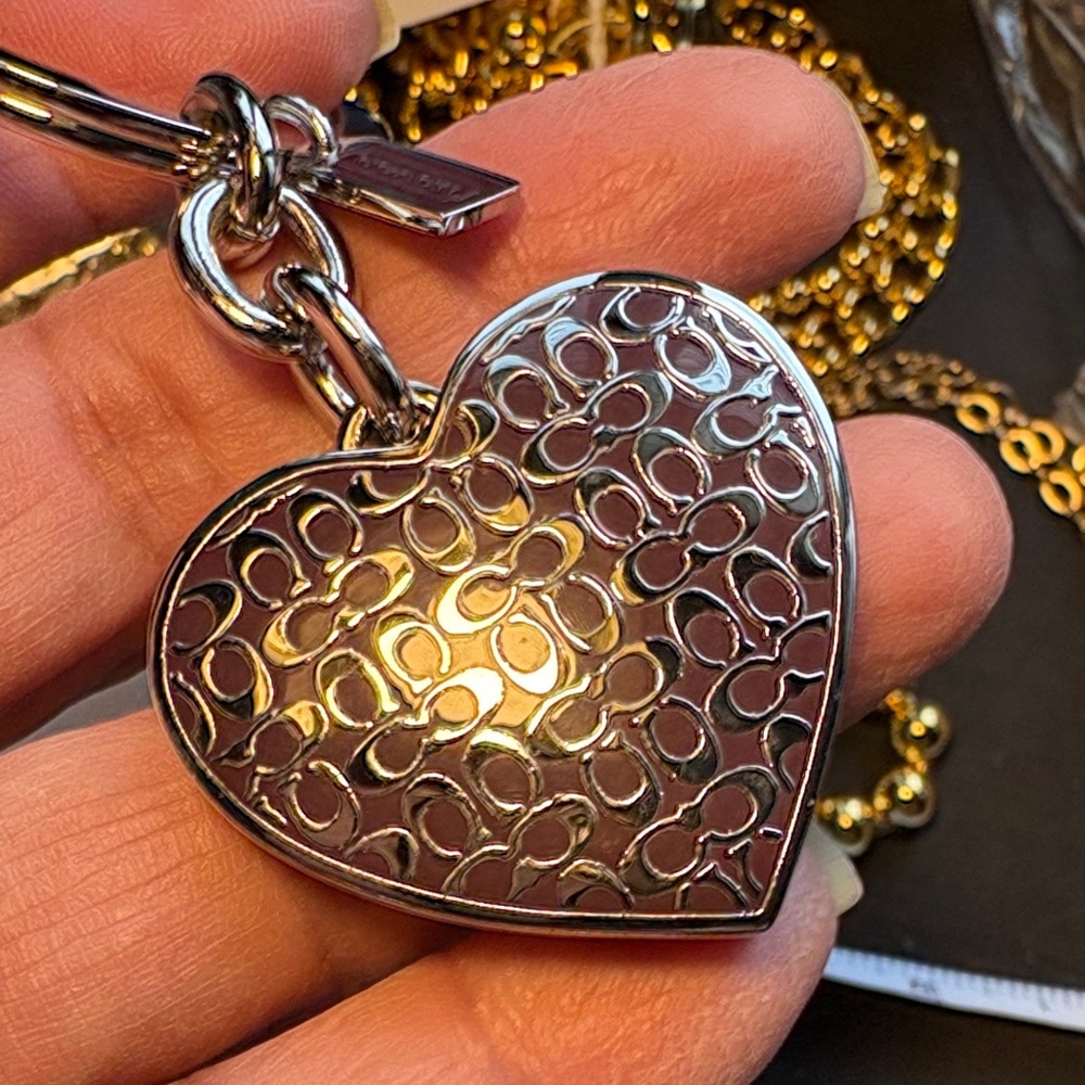 Coach Silver and Brown Heart Locket Keychain with Coach Mini Pen - Picture 2 of 5
